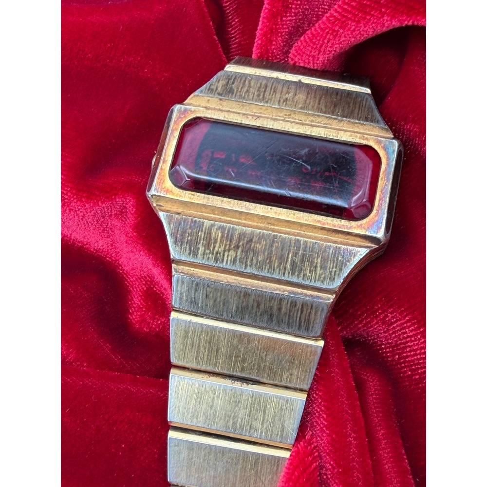 Vintage Benrus? Red LED Digital Watch Gold Tone Integrated Bracelet Untested